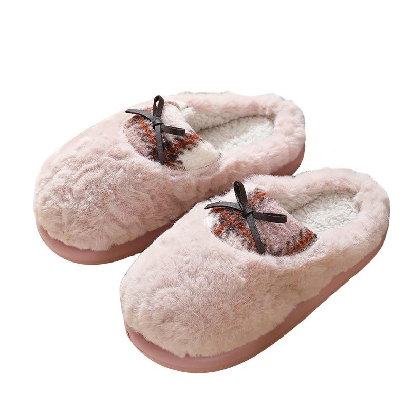 New autumn and winter cotton slippers cotton-filled wool splicing plaid belt bow non-slip warm cotton slippers