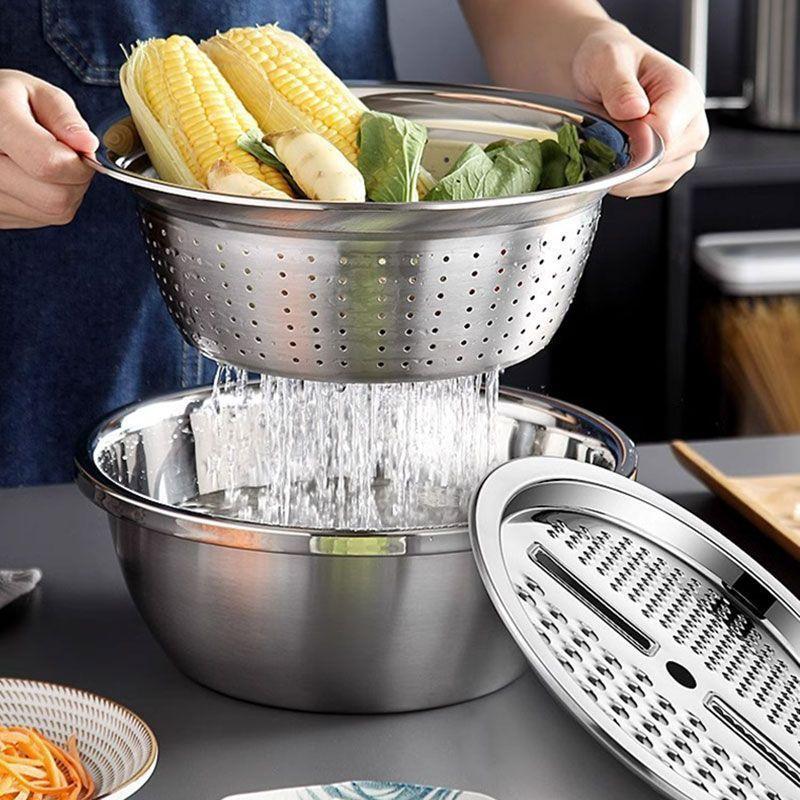 3PCS/Set Vegetable Slicer, Stainless Steel Slicer, Potato Slicer, Vegetable Washing Basin, Drain Basket, Multifunctional