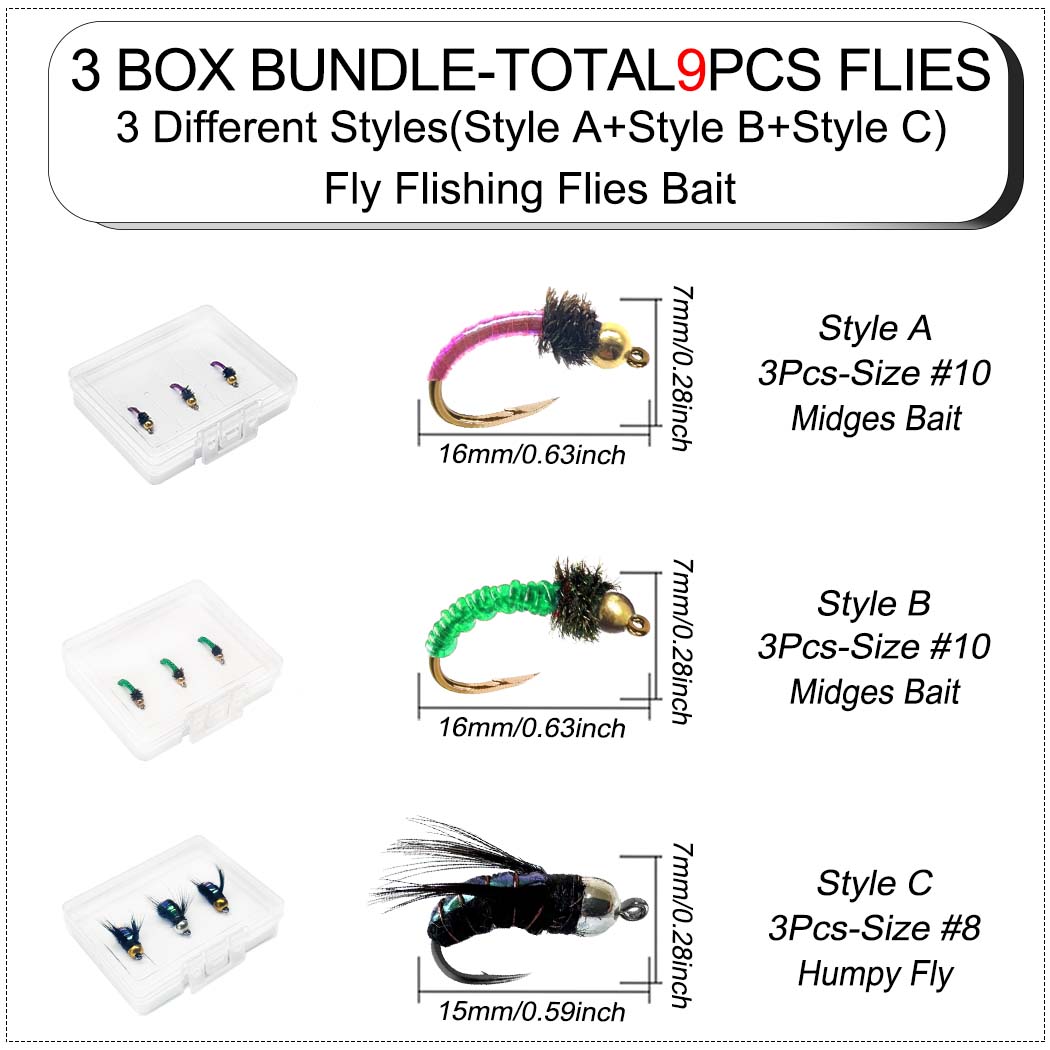 Fly Fishing Flies Bait 9Pcs-3Boxes Bundle Wet Flies Nymph Bait Fly Fishing Flies for Flishing Trout/Carp Fishing Artificial Lure 9Pcs-3 Boxes Bundle