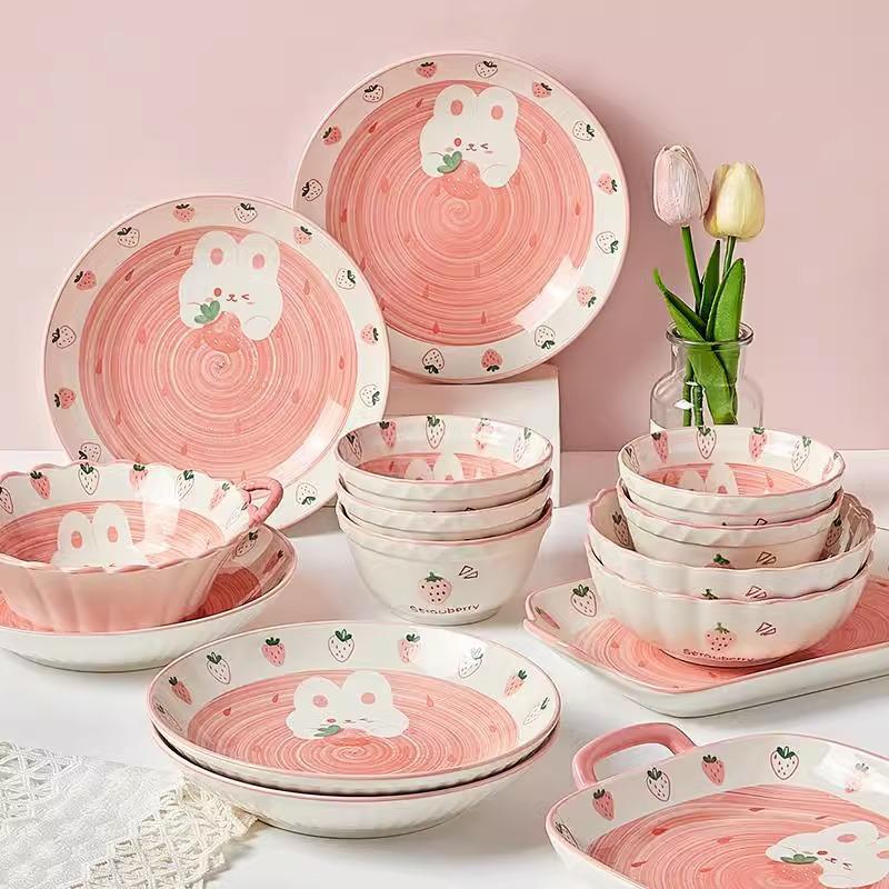 Ceramic Rice Bowl Home Eating Bowl Strawberry Rabbit Small Bowl Plate 5 Inch Tableware Cute Salad