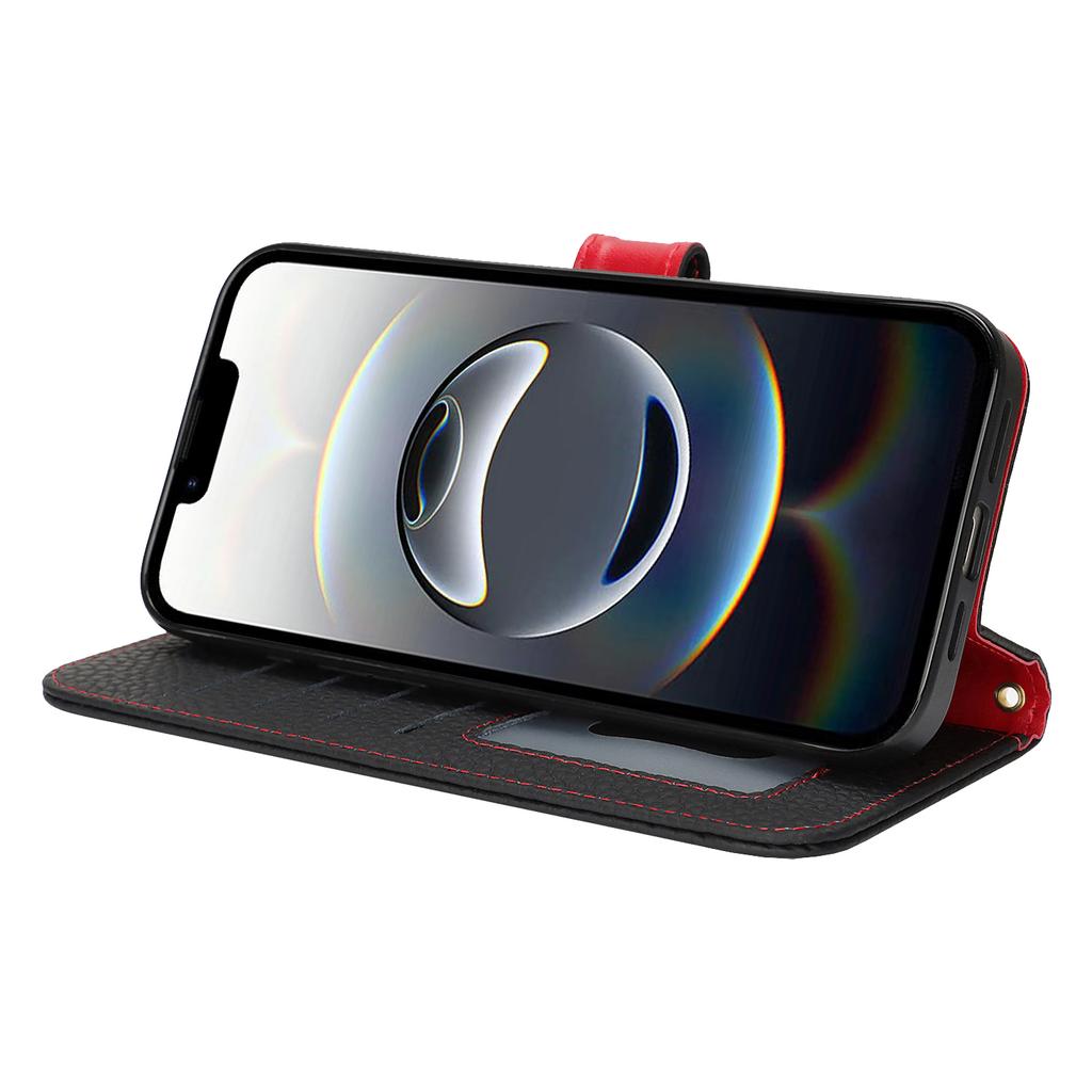 For iPhone 16e Stand Case Litchi Texture Genuine Cow Leather Wallet Phone Cover RFID Blocking
