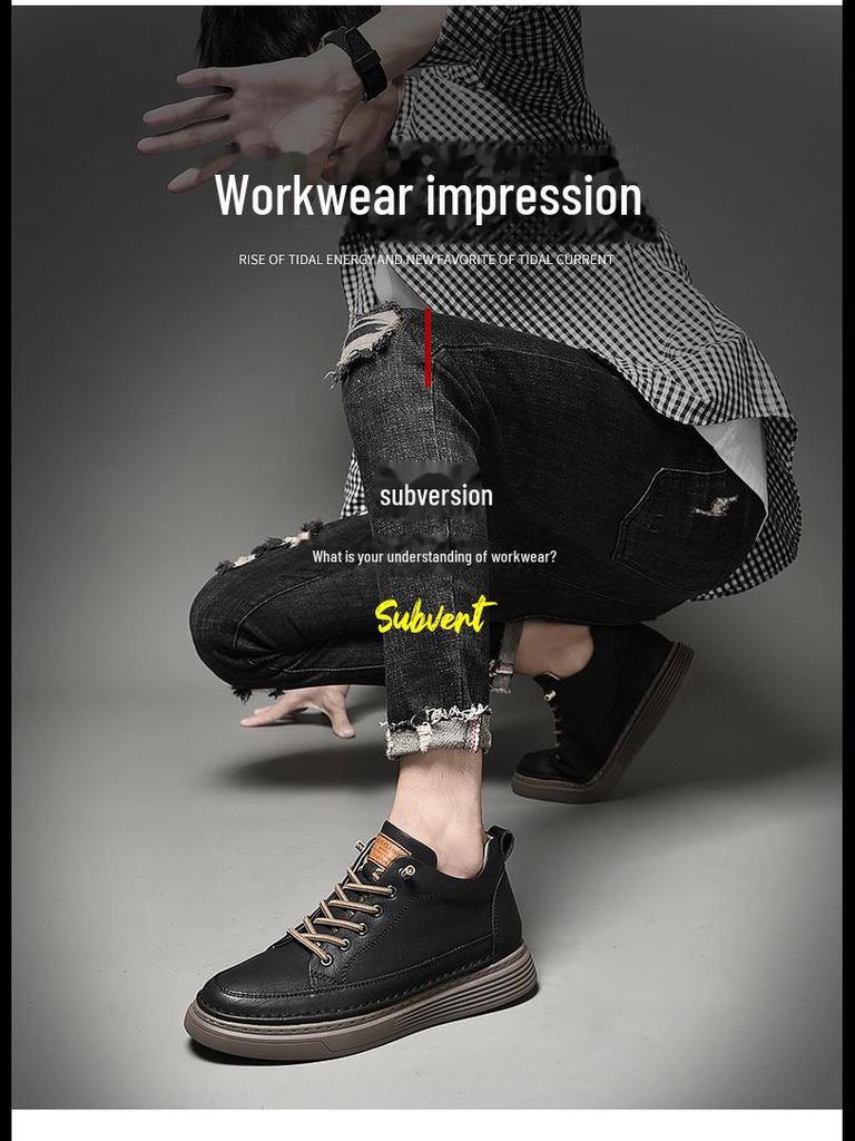 Zapatillas de Hombre de Piel de Vaca con Suela Gruesa: Zapatos de Moda de Caña Baja, Casuales Británicos de Cuero, Talla Grande, que Aumentan la Altura