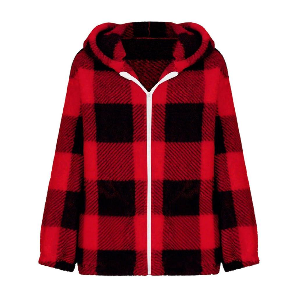 2025 Plaid Loose Fit Long Sleeve Hooded Fuzzy Zip-Up Cardigan Jacket