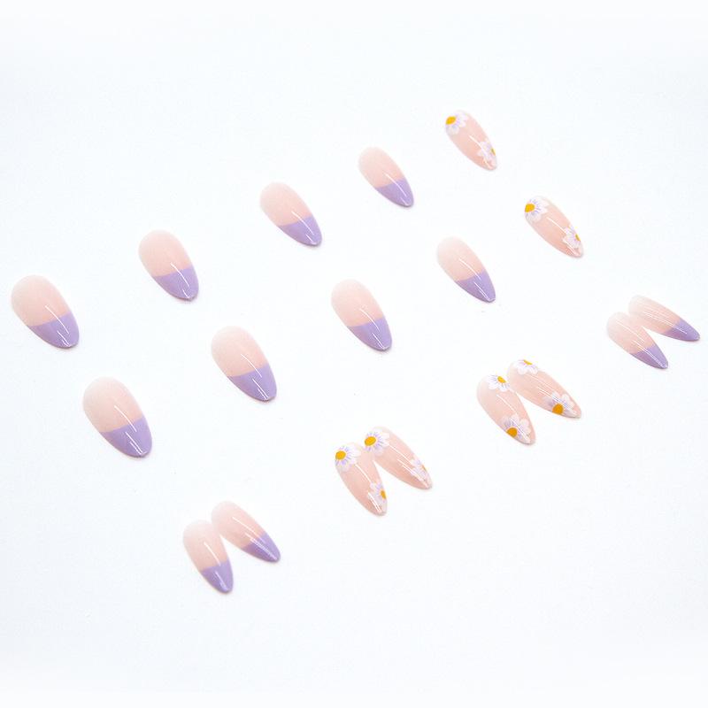 Artificial Nails Wear Manicure Taro Purple Colorful Flower Drop Shape Long and White Manicure
