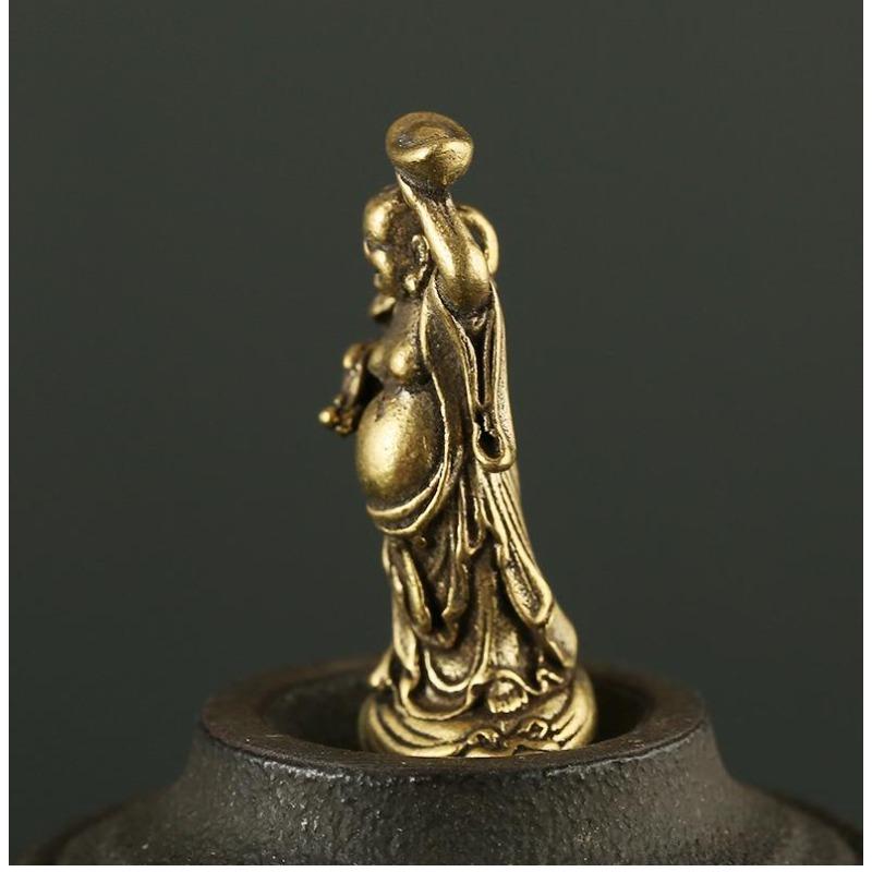 Brass Maitreya Buddha Pendant, Ruyi Yuanbao Buddha Statue, Miniature Ornament, Micro Carved Small Gift Pendant