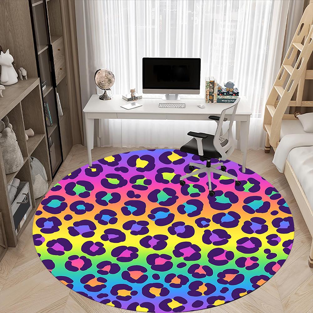 1pc Rainbow Leopard Office Round Area Rug, Indoor Mat Suitable ForOffice, Under Office Chairs Bedroom Living Room Home Decor, Room Deco T213