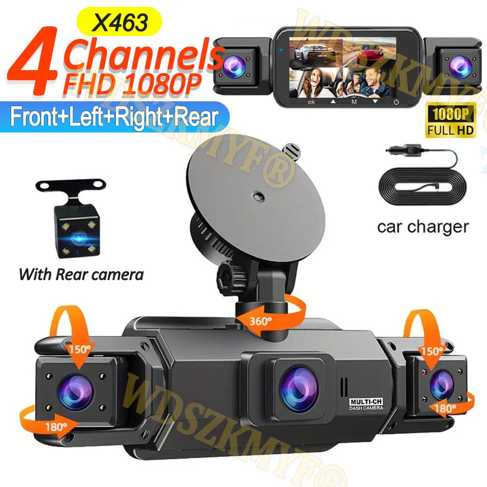 360° Car Dash Cam 4 Channels 1080P Car DVR 3/4 Lens Video Recorder Front Inside Rotatable and Rear View Night Vision Black Box
