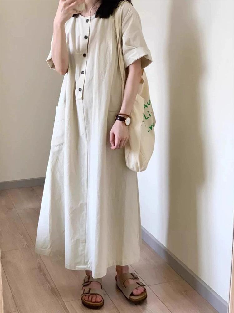 Women's summer new literary and retro Japanese long dress loose casual and thin short-sleeved dress small lazy style