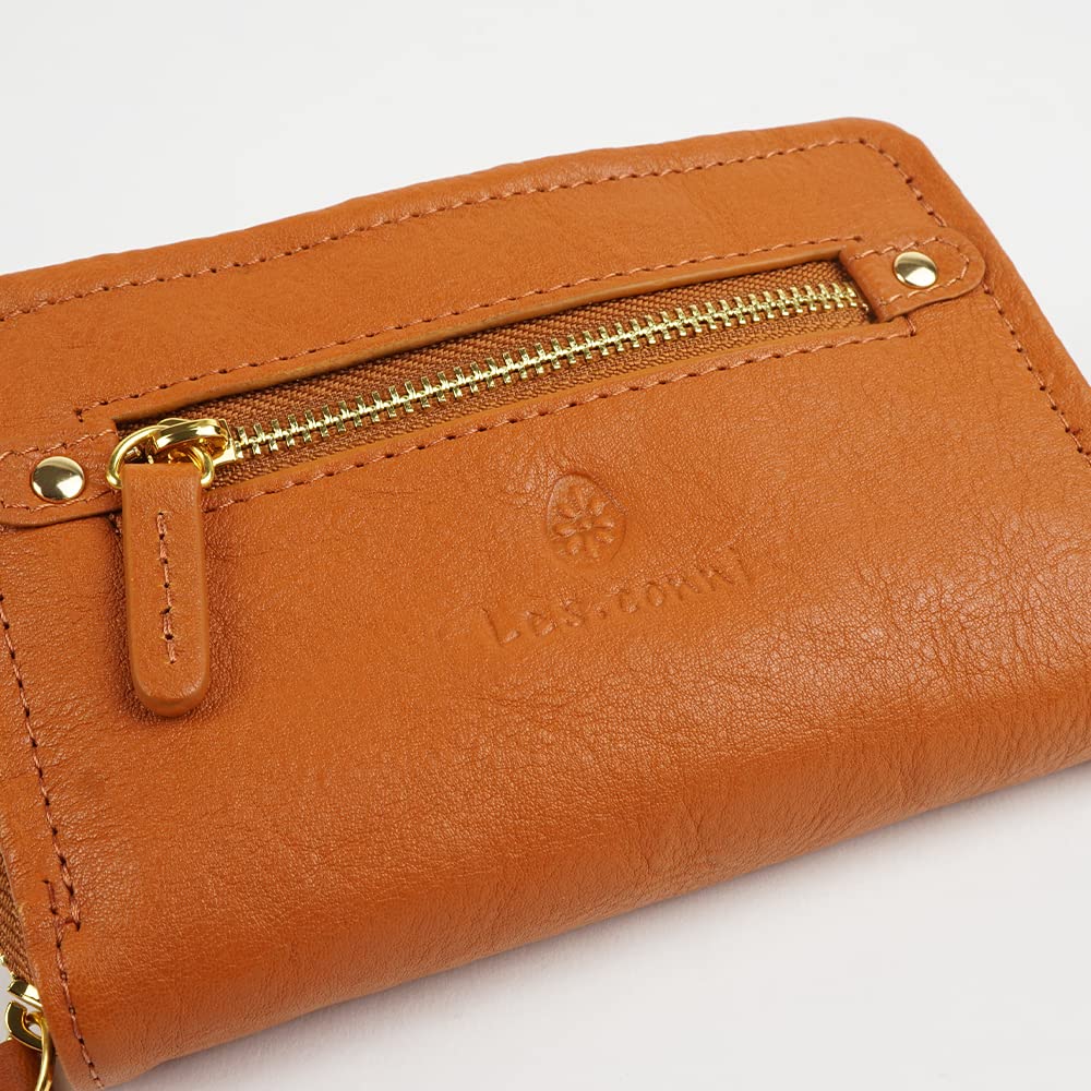 Les.conni Women's Genuine Leather Bifold Wallet with Zip-Around Design, Cowhide Leather, Camel