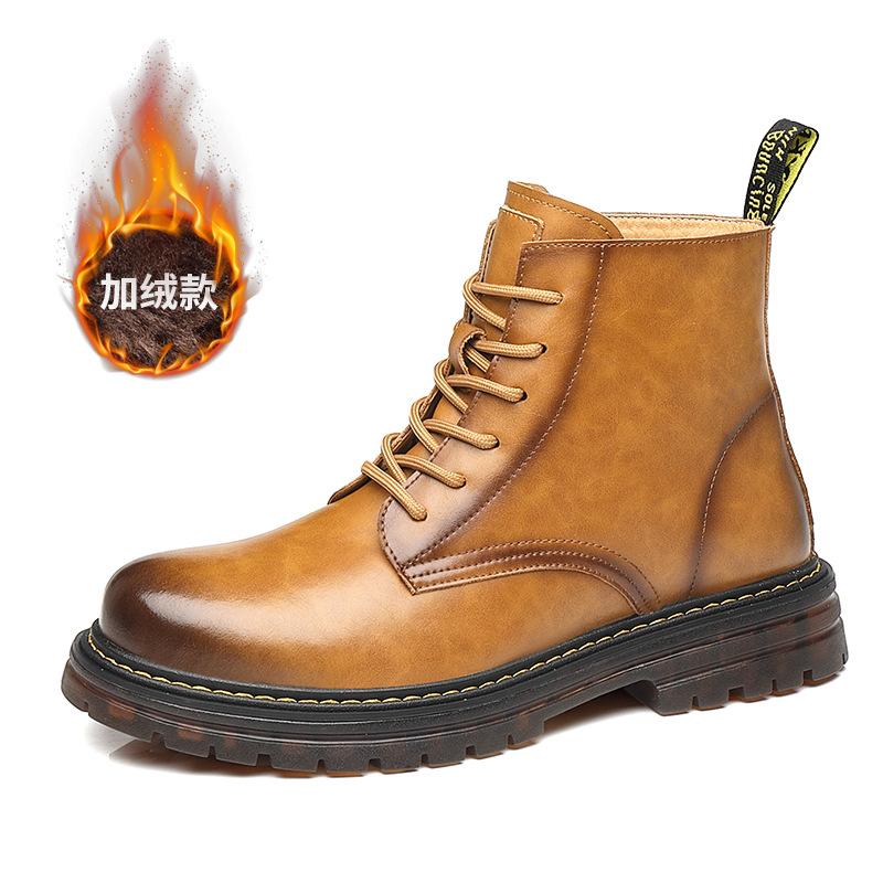 Fashion thick-soled Martin boots men's autumn high-top tooling short boots fleece warm soft-soled boots tide