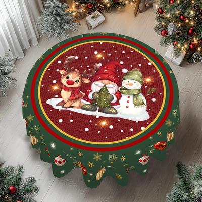 1 Piece Christmas Round And Rectangular Tablecloth, Various Sizes, Cute Elk Snowman Print Pattern Red Tablecloth, Christmas Garden Tablecloth Decorati