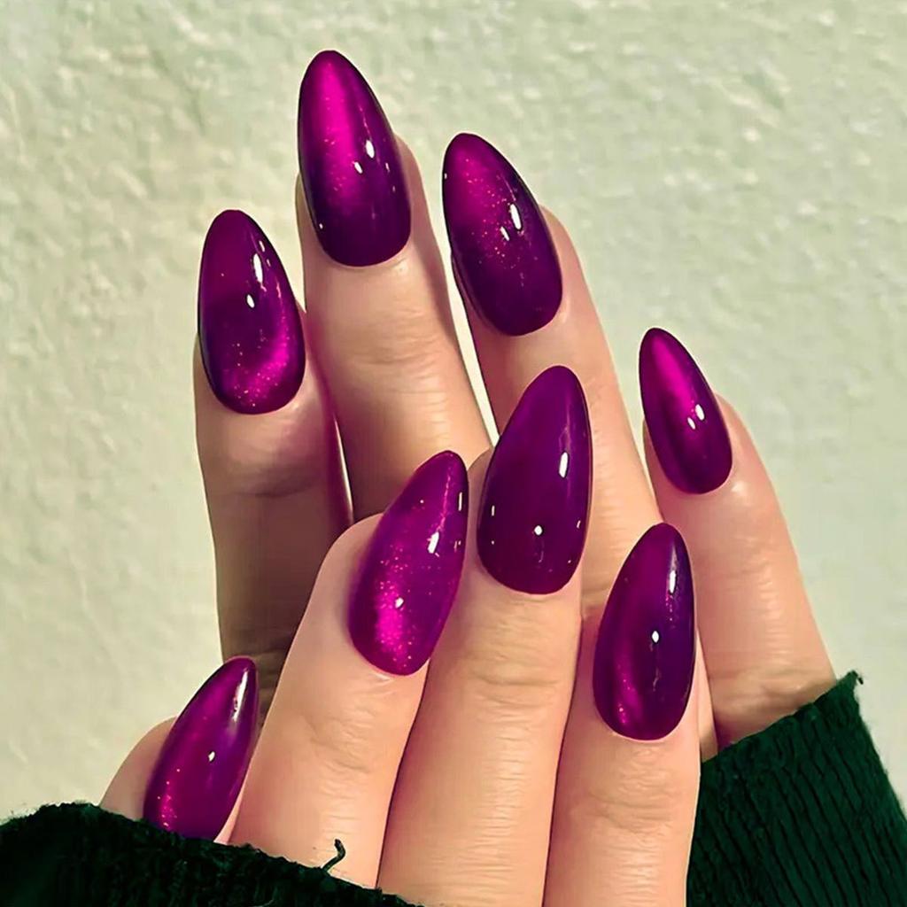 24pcs Glossy Red Cat's Eye Press On Nails Full Cover Nude Wearable Almond False Nails Charms Detachable Fake Nail For Girl
