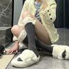 Women Winter Calf Length Boots Socks Japanese Style Cute Faux Lamb Wool Furry Trim Pompom Bowknot Stockings Leg Warmer