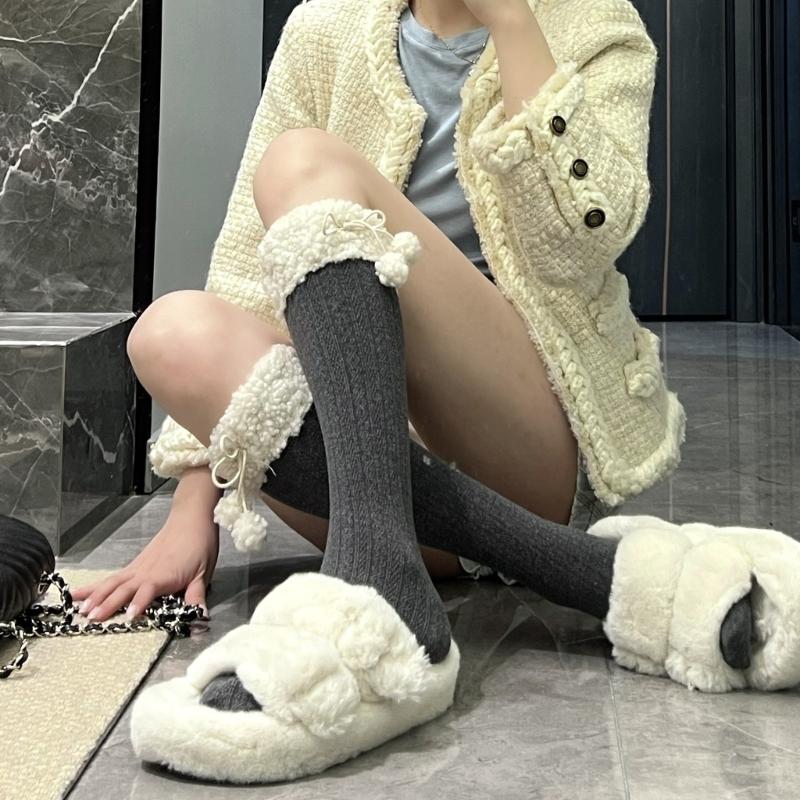 Women Winter Calf Length Boots Socks Japanese Style Cute Faux Lamb Wool Furry Trim Pompom Bowknot Stockings Leg Warmer