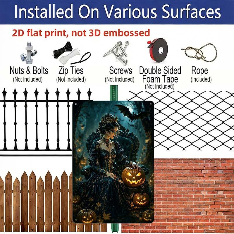 2D Flat Gothic Halloween Queen with Pumpkin and Bat Vintage Metal Sign‑8.0x12.0inch Aluminum Wall Art, Farmhouse Halloween Wall Decor, Pre‑Drilled
