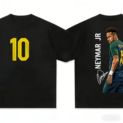 Black Double-Sided Neymar Jr. T-Shirt with Brazil No.10 Jersey Number On the Front and Player Illustration with Autograph On the Back