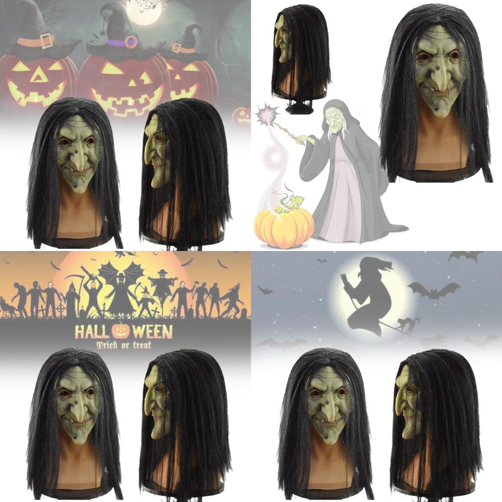 Classic Evil Witch Latex Mask For Halloween Party Costume With Scary Black Hair