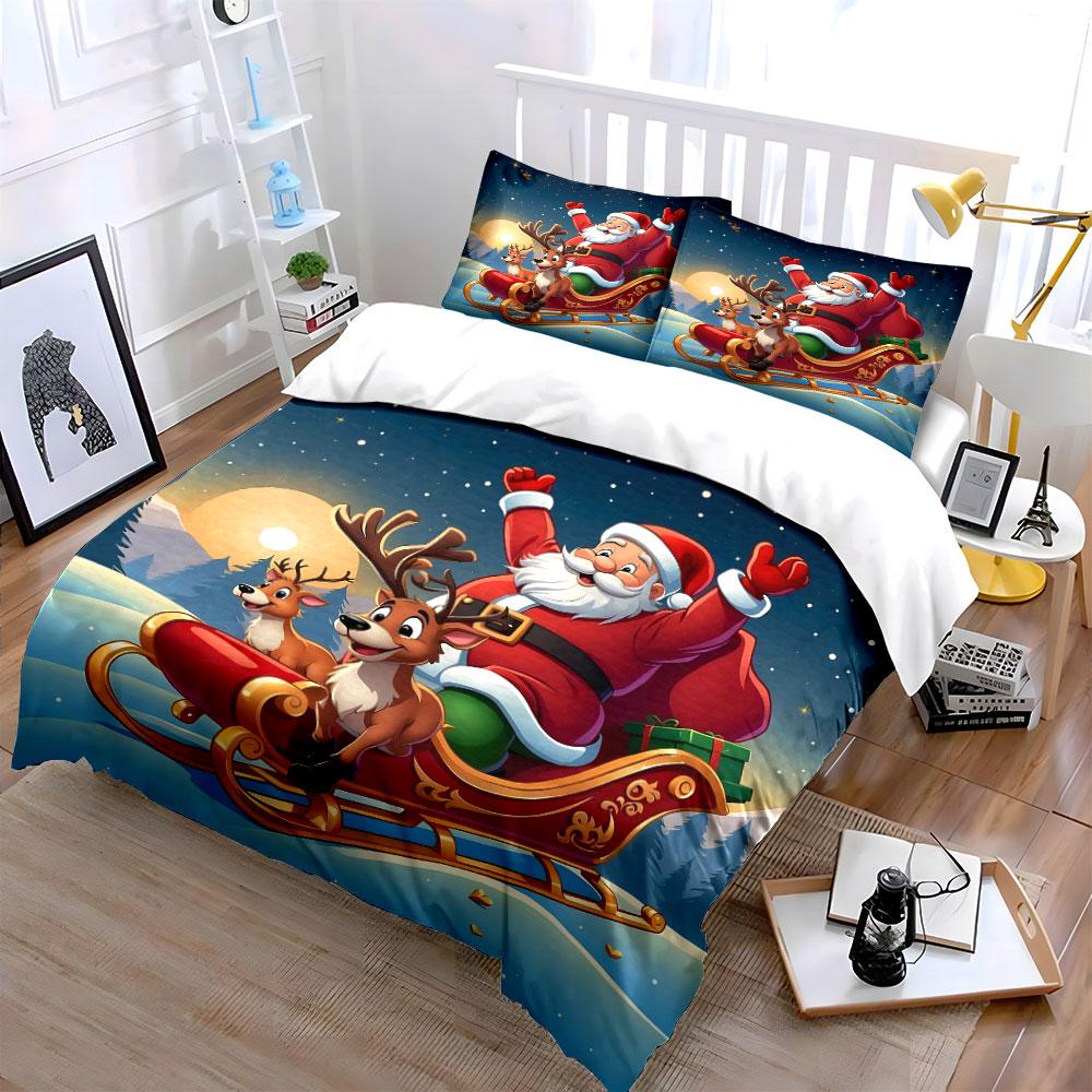Santa Claus Sleigh with Reindeer Bedding Duvet Cover Set Duvet Cover Pillowcases (1*Duvet Cover 2*Pillowcases, Without Duvet Insert)