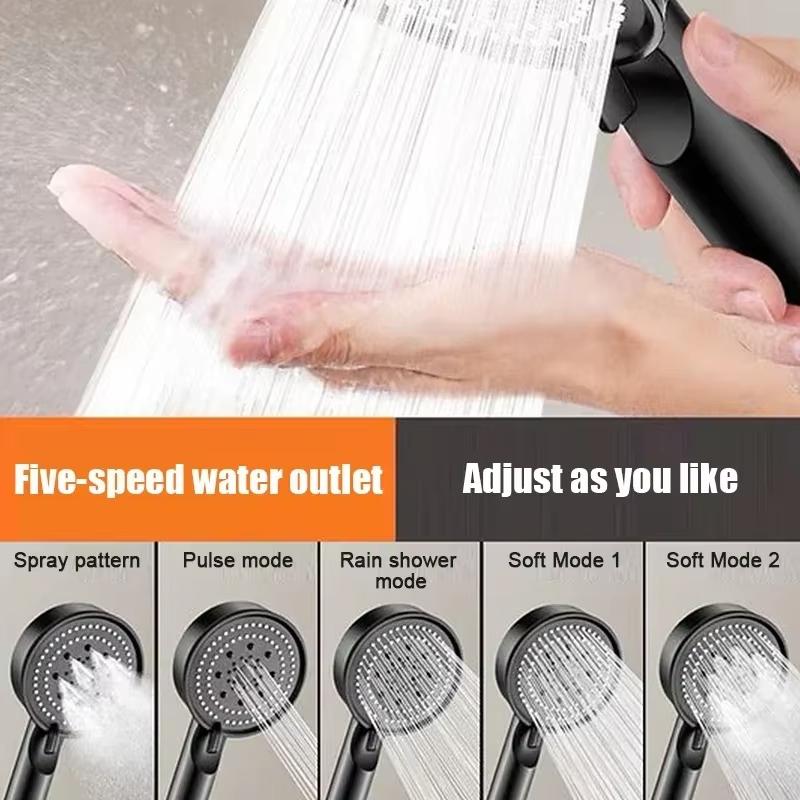 Five-mode high-pressure shower head, adjustable shower head with hose, water-saving, one-button nozzle stop.