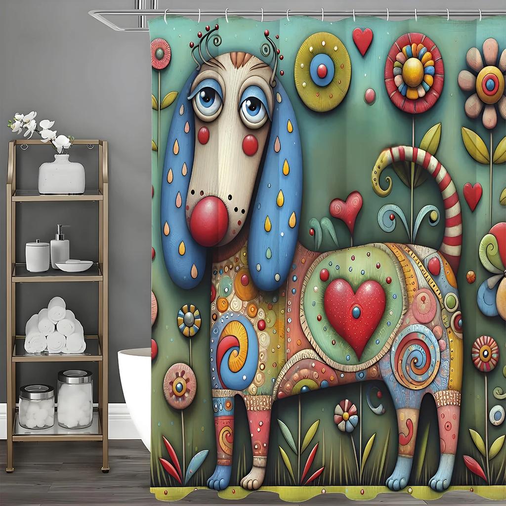 Cute Cartoon Dog Flower Love Shower Curtain, Bathroom Decorative Shower Curtain, Waterproof  with HooksCute Cartoo