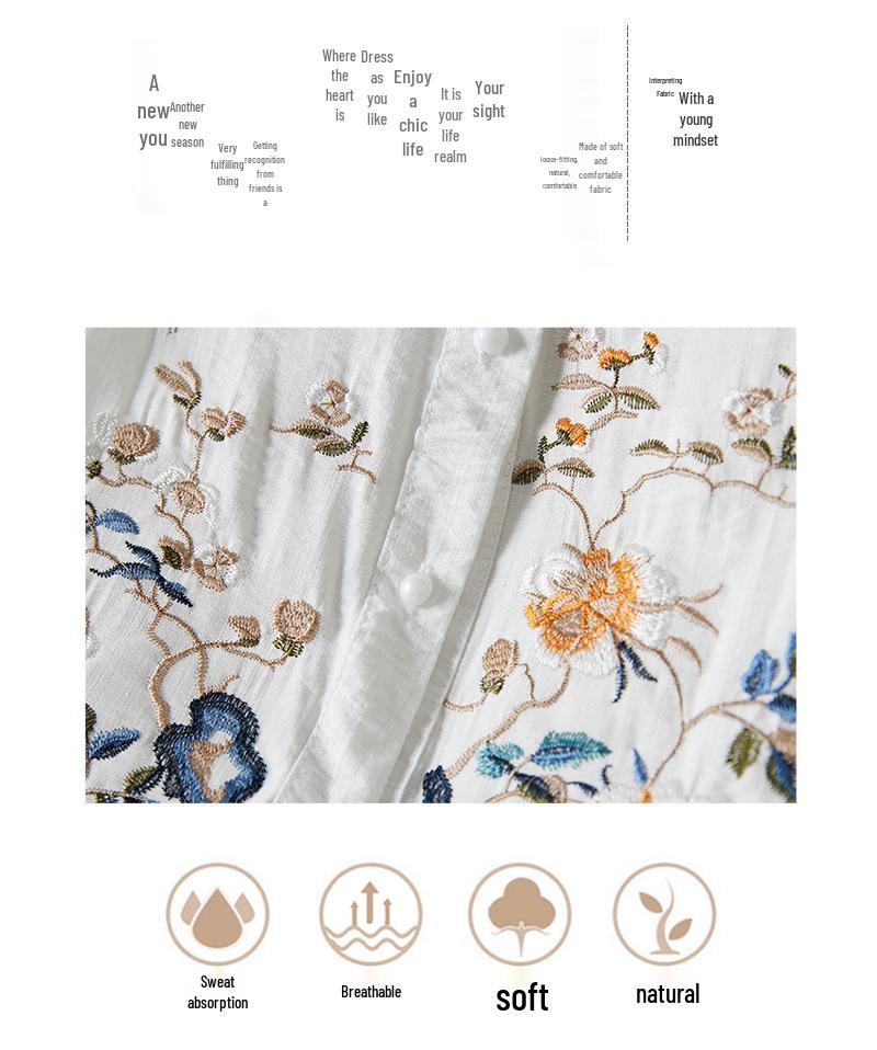 2023 Letní Luxusní Bavlněná Lněná Vyšívaná Blůza se Žabkovým Zapínáním