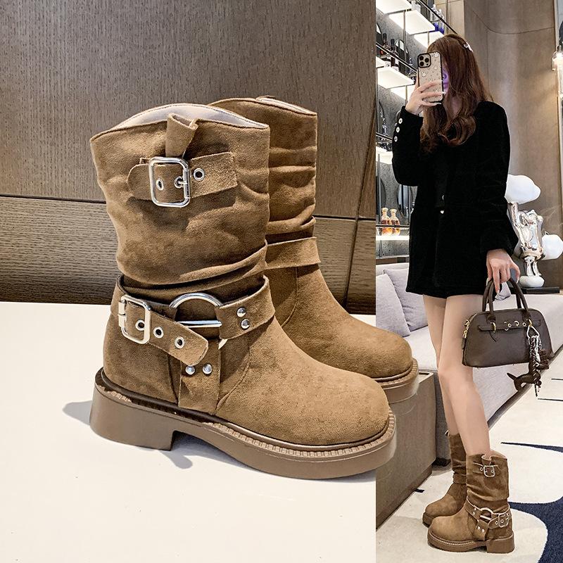 Autumn New Fashion Boots Women's Shoes Medium Tube Suede Cloth Rivets