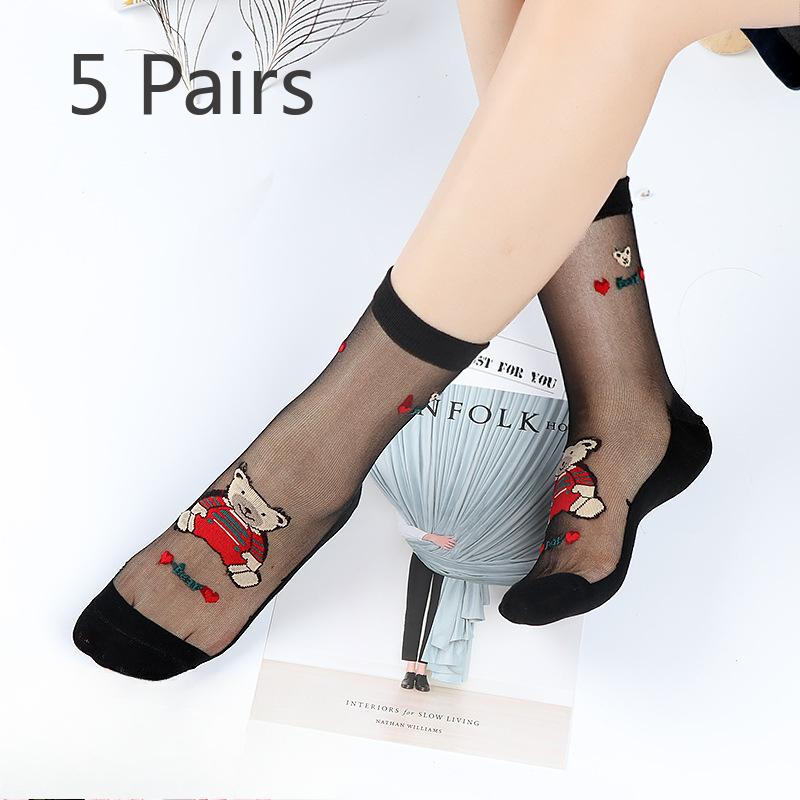 5 Pairs of Light and Breathable Cartoon Bear Mid Calf Socks for Women In Spring and Summer