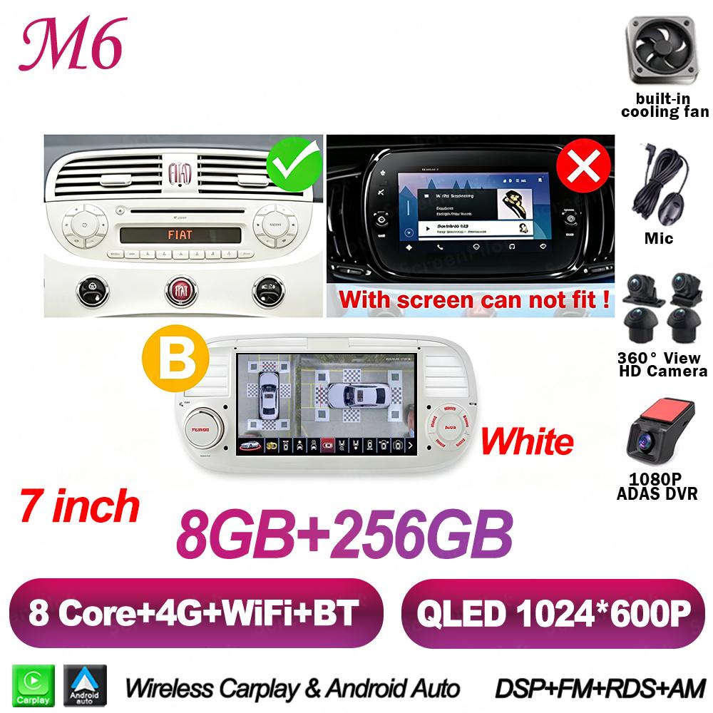 7 Inch Android 16 For FIAT 500 Abarth 2007-2015 Car Radio Stereo Head Unit Multimedia Video Player GPS Navigation 8 Core 5G RDS