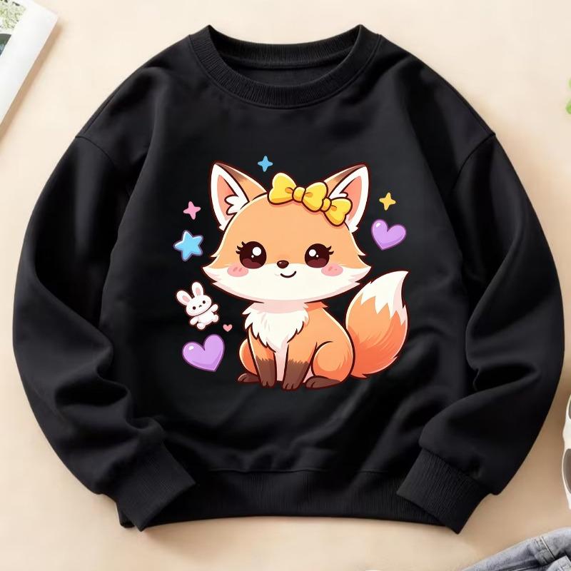 Kids Crewneck Long Sleeve Sweatshirt, Soft Cute Healing Bow Little Fox Print, Warm Comfortable Top