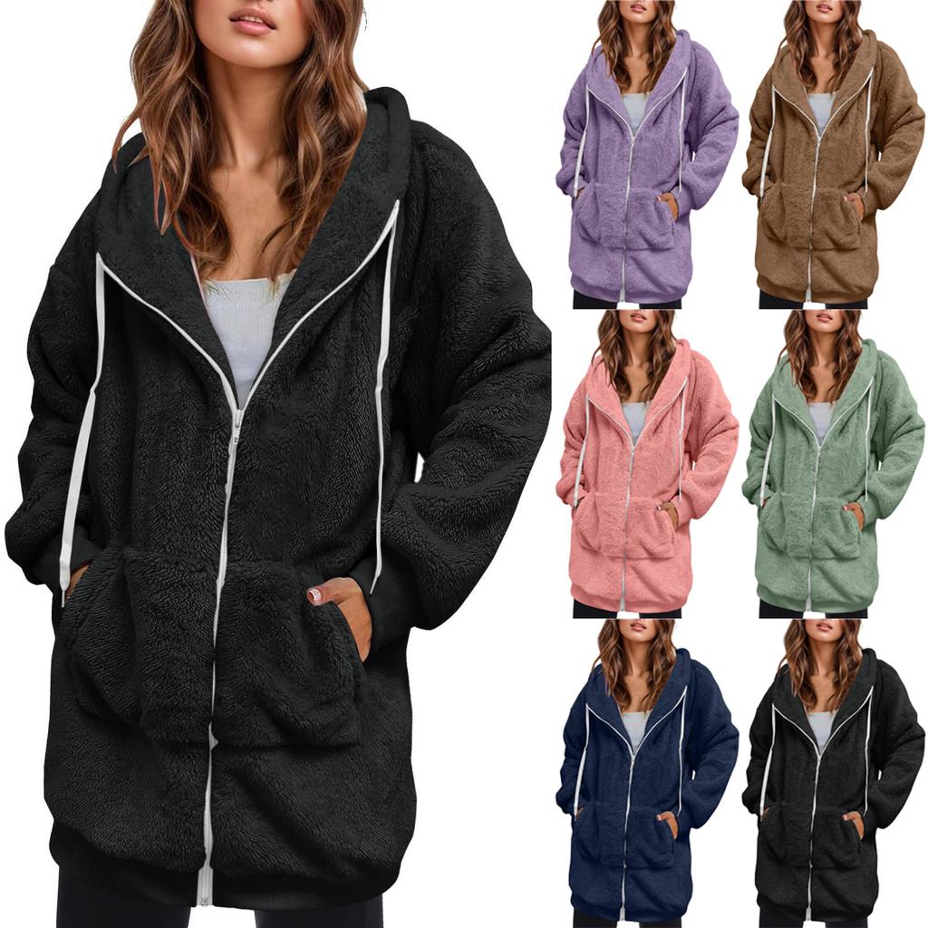 Women's Fashionable Coat Solid Color Long Sleeved Hooded Drawstring Pocket Zipper Long Warm Jackett