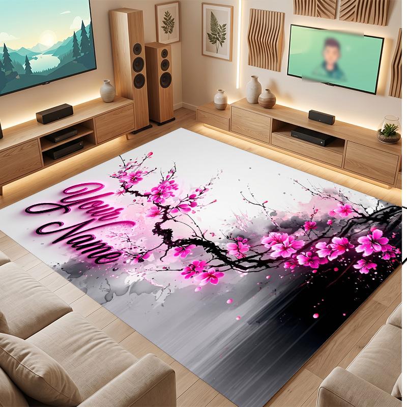 Floral Garden Theme Soft Crystal Velvet Rug Custom Name & Text Print Non Slip Floor Rug for Bedroom Living Room