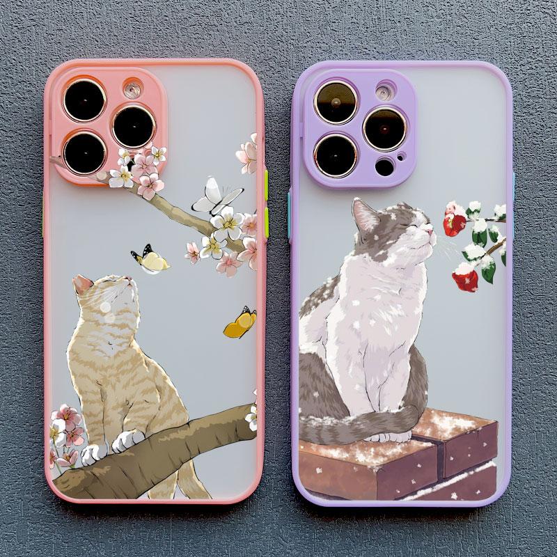 Lovely Cats Flower Case For iPhone 16 15 14 Plus Pro Max 13 12 11 Pro Max Mini 7 8 Plus X XR XS SE2 Phone Cases Shockproof Cover