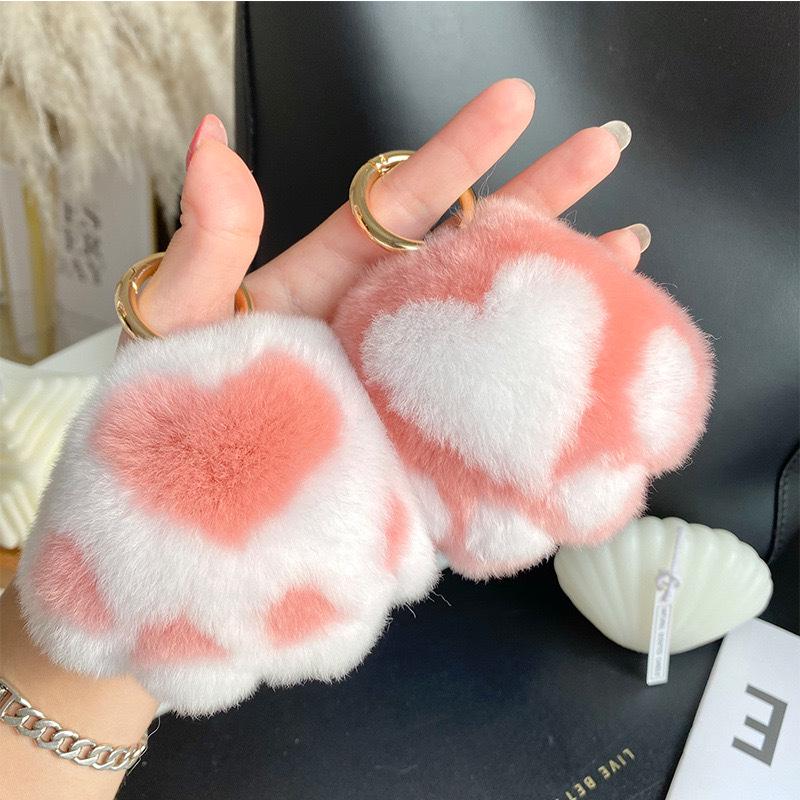 Creative Cat Paw Plush Pendant - Soft Rex Rabbit Fur Keychain for Backpack or Car.