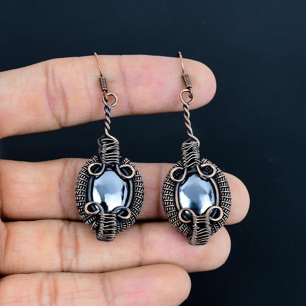 Shungite Handmade Gemstone Earrings, 999 Copper Wire Wrapped Earrings Antique Jewelry, For Thanksgiving
