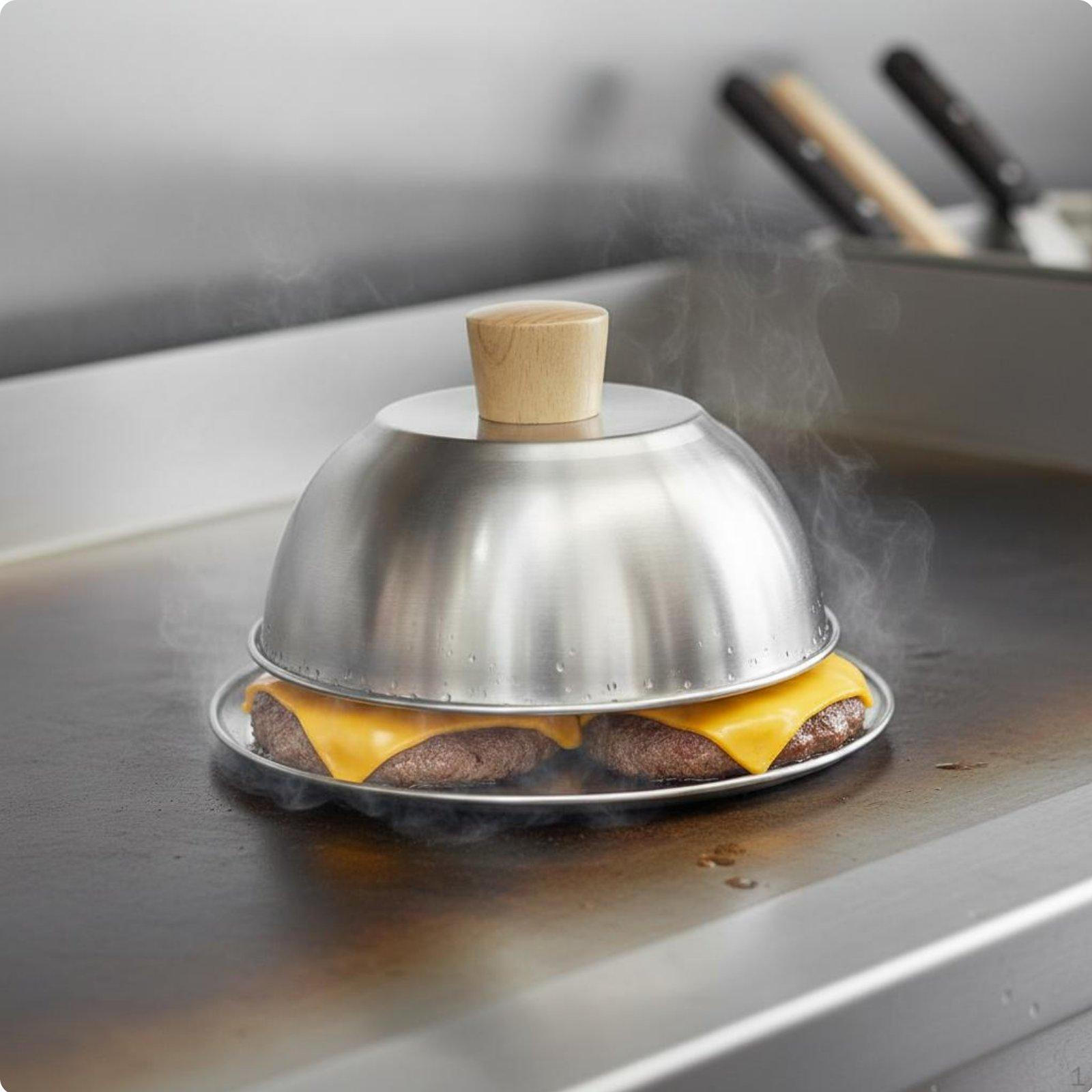 Stainless Steel Burger Cover Versatile Cheese Melting Dome HeatResistant Handle Griddle Steaming