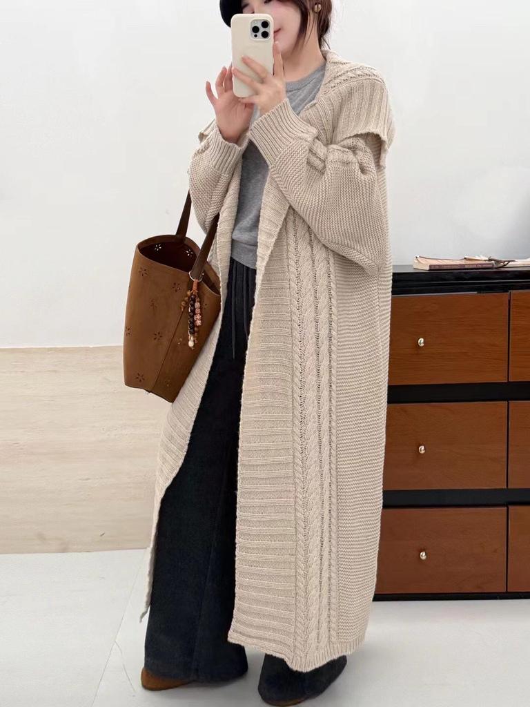 Coffee-Colored Cable Knit Cardigan with Large Lapel - Women's Mid-Length, Loose Fit for Autumn/Winter