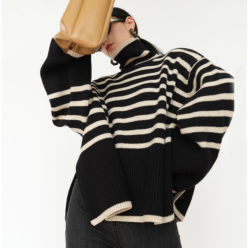High Neck Damen Pullover für Frauen Gestreifter lockerer Rollkragenpullover Pullover Damenpullover Damen Top