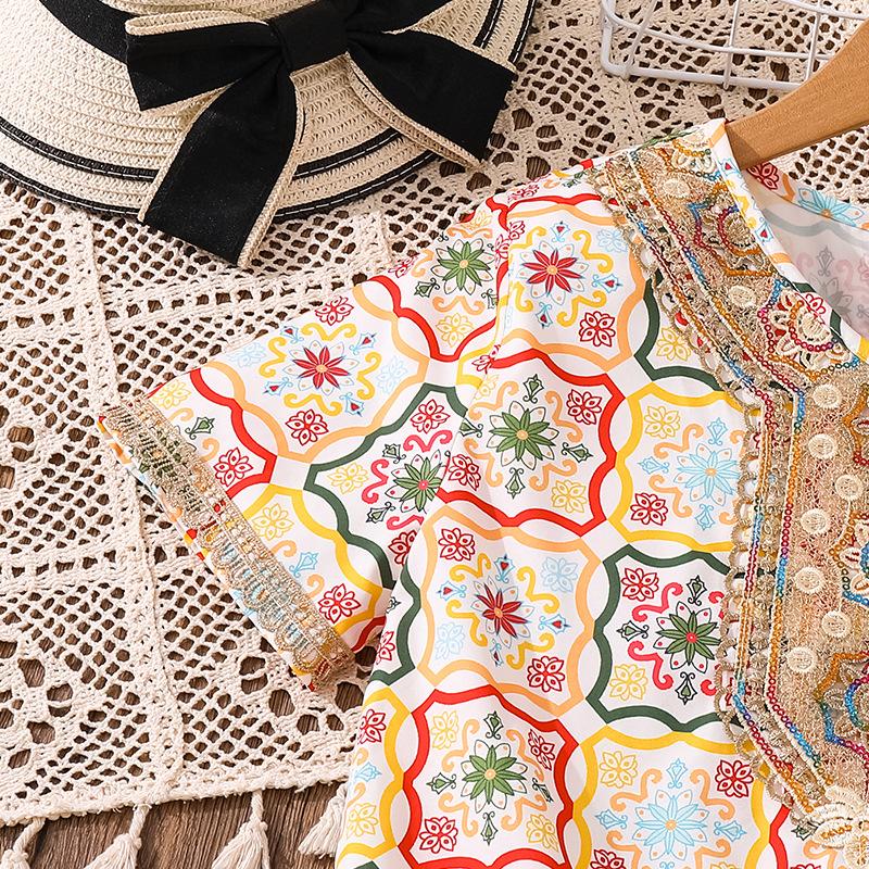 Girls' Big Kids Dress Children's Clothing Summer New Vintage Multi-color Checkered Floral Print Short Sleeve Dress