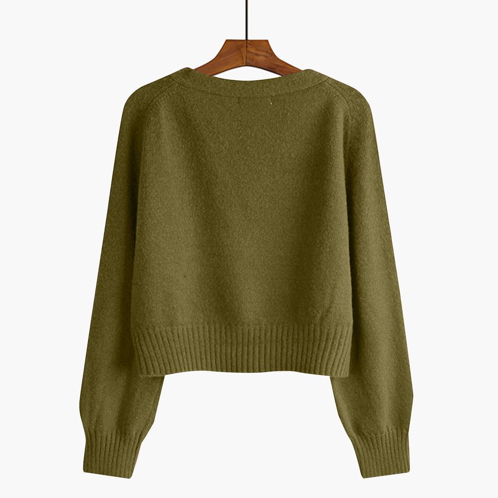Women's Solid Color V-neck  Breasted Short Loose Cardigan Sweater Jacket