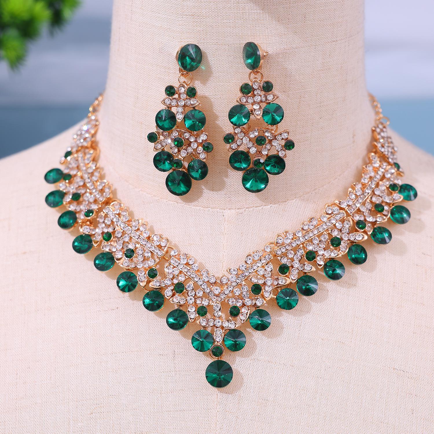 

Hot Selling New Arrival Women Fashion Jewelry Set Wedding Bridal Crystal Necklace Earrings Set зелёный