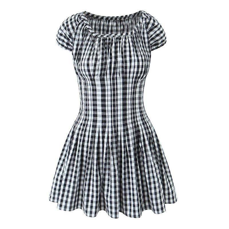 

Black and White Aoding Fiankies French Vintage Style off-Shoulder Black and White Lattice Pattern Cinched Slimming Short Sleeves Dress Black and white check L