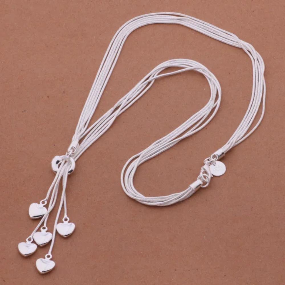 925 Silver Necklace 925 Silver Fashion Jewelry 5 Charm Heart Tassel Pendant Necklace for Women /asgajjna Axkajora