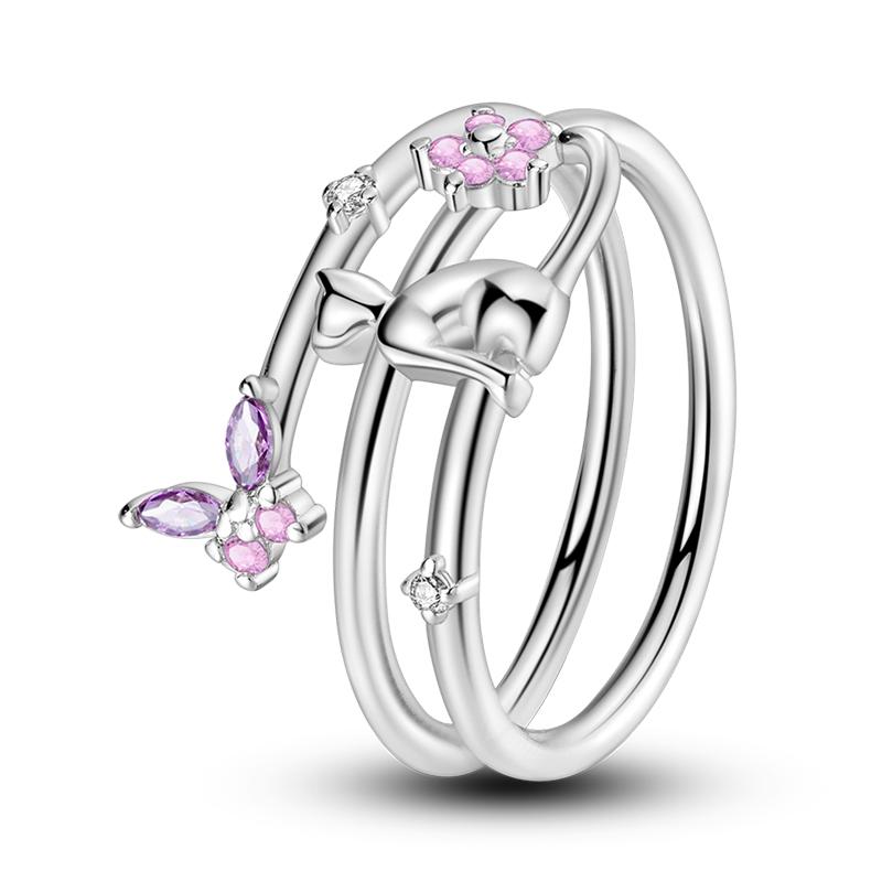 Charms Spring 925 Silver Color Rings Pink Heart Shaped Zircon Cat Rings for Woman Fine Romantic Wedding Engagement Jewelry Gifts