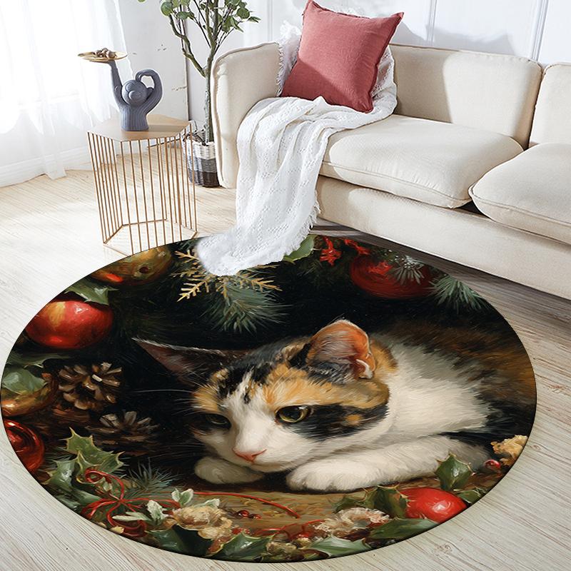 Christmas cat pattern round rug,Carpet Rug for Living Room Bedroom Playroom ,Non-slip Floor Mat,Holiday Gifts and Birthday Gifts.