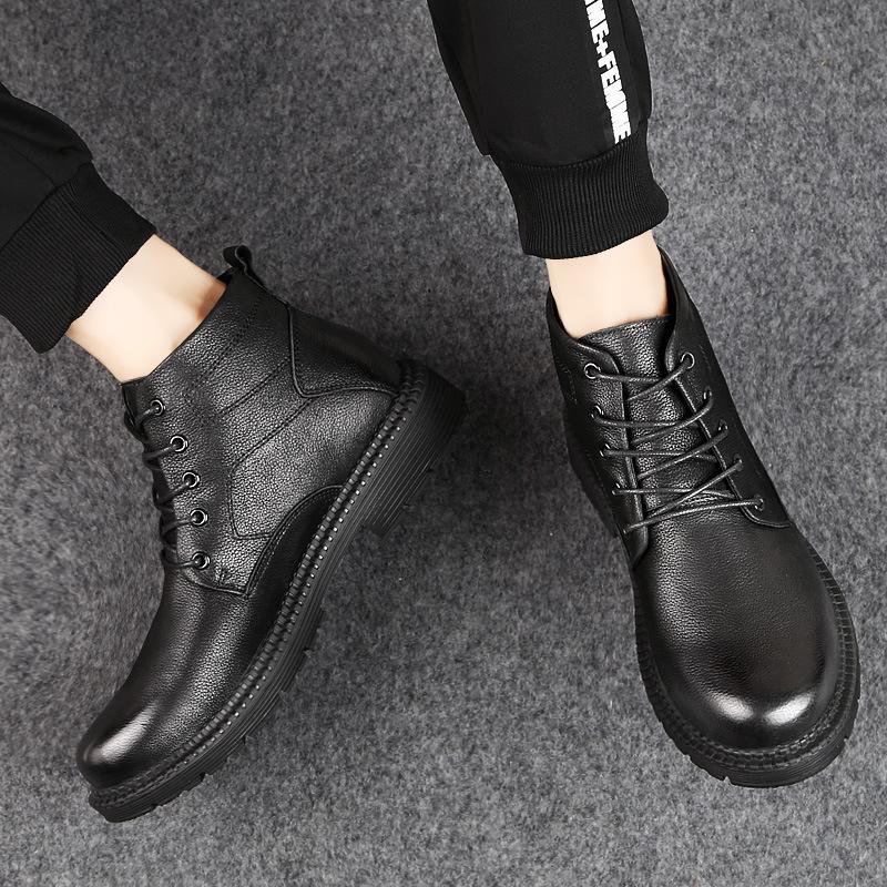 Fashion Men'S Medium Leather Boots Fashion Trend Casual Lace-Up Daily Men'S Shoes Cotton Warm Martin Boots