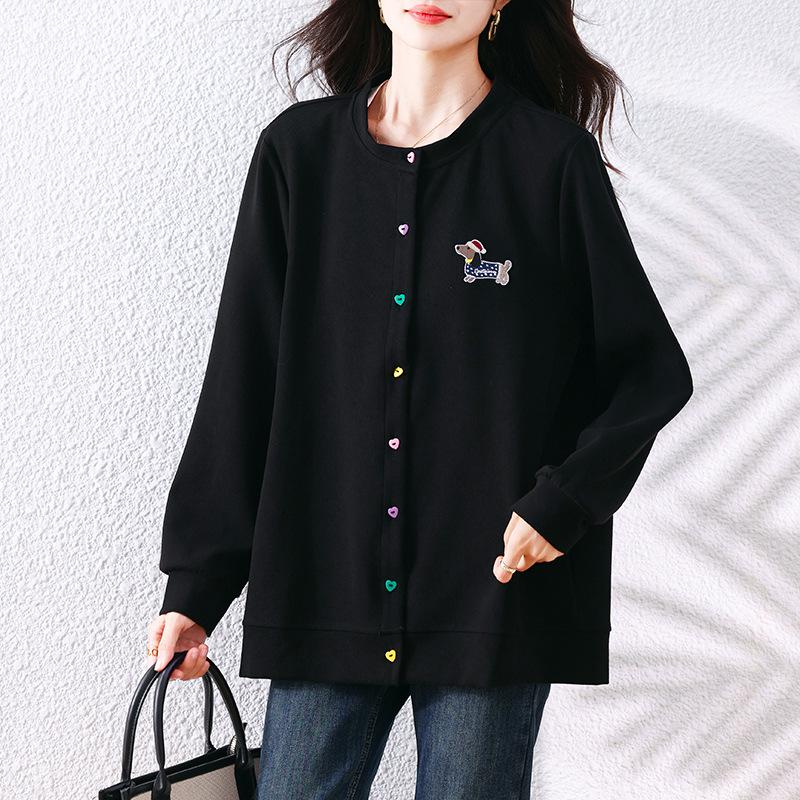 

European Style Plus Size Embroidered Spring Top - No Pilling, Age-Reducing, Casual and Thickened for a Loose Fit 2XL чёрный