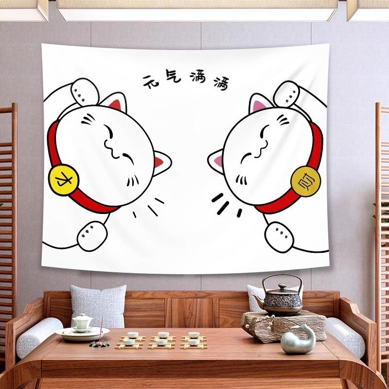 Maneki Neko Tapestry Wall Hanging Japanese Lucky Cat Rising Sun Wave Red Blue Aesthetic Wall Art Living Room Decor