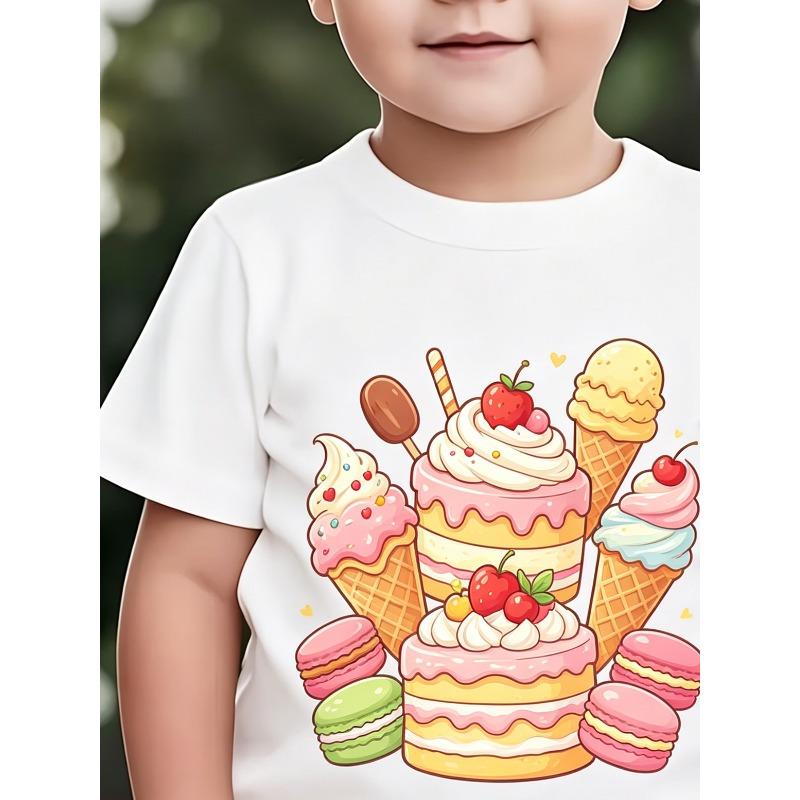 European Sizes Cartoon Dessert Cake Print Boys' T-Shirt, Fashionable and Trendy Casual Children's Clothing, Round Neck Short Sleeve