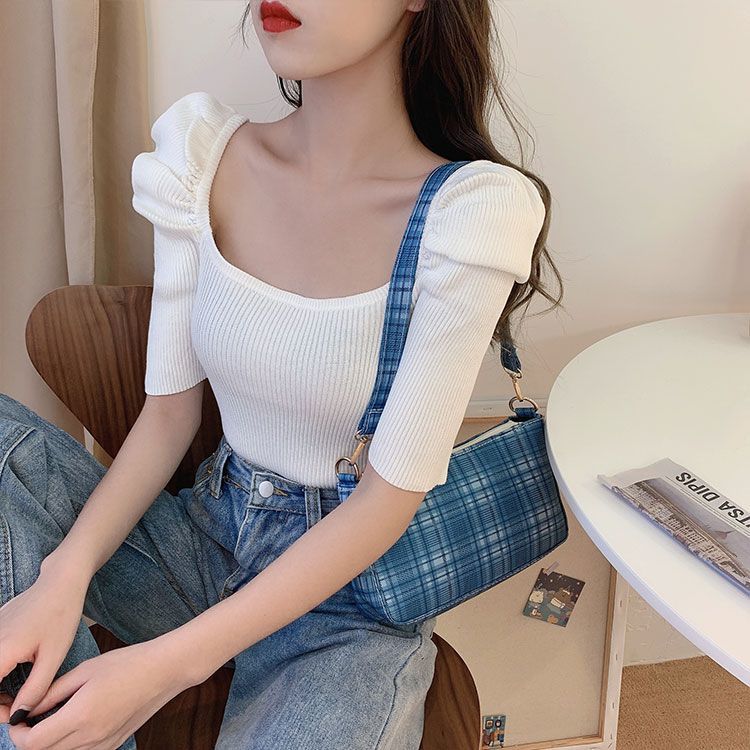 Summer Design Retro Square Neck Slim Knit Top Short Sleeved T-shirt for Women