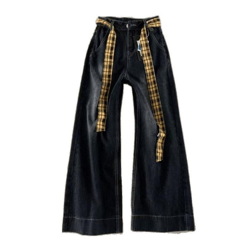 Women's High Waist Retro Plaid Bowknot Patchwork Wide Leg Jeans (2025 Design)